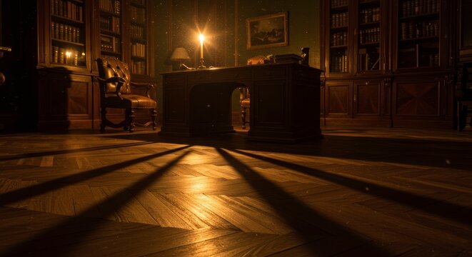 Mysterious Dark Library Interior with Antique Desk Candlelight and Wooden Floor