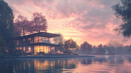 Fototapeta premium Riverside home sleek modern design glowing warmly in the evening river reflections soft pastel sky 3D rendering with wide framing.Riv 