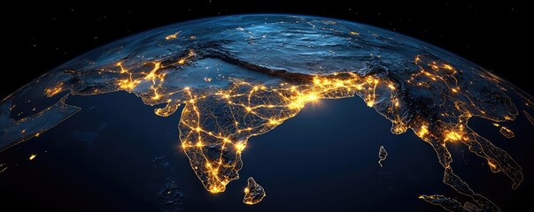 Cargo logistics world map and transportation business concept. Aerial view of India showcasing illuminated cities at night.