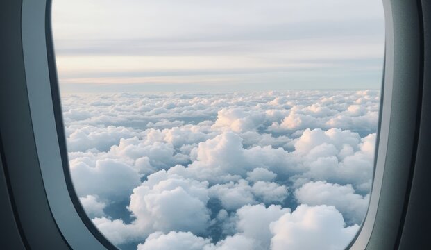 View from airplane window above clouds, dreamy aesthetic, calming sky,