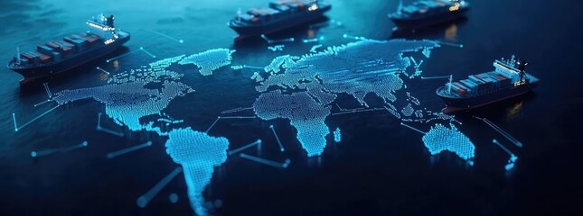 Cargo logistics ship and global freight tracking concept. Futuristic digital map with shipping vessels on water.