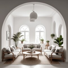 Modern Minimalist Living Room with Arched Windows and Neutral Decor