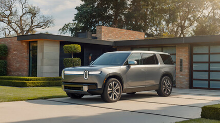 A stylish, modern SUV parked in front of a contemporary home surrounded by neatly trimmed hedges and green grass. The design of the vehicle suggests sophistication and luxury.

