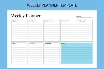 Vector weekly planner template clean and aesthetic style. Organizer your days and weeks. Abstract modern, blue color. Daily organizer
