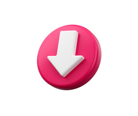 3D White downward arrow on Pink icon, symbolizing download or downward direction, 3d illustration