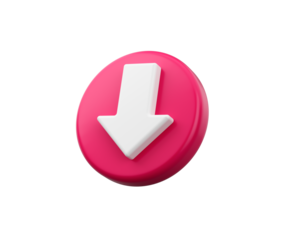 3D White downward arrow on Pink icon, symbolizing download or downward direction, 3d illustration