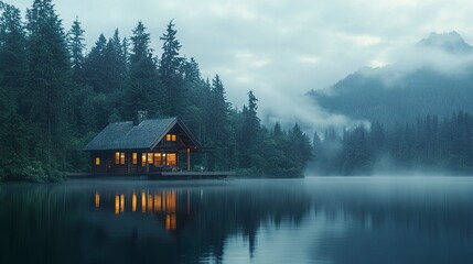 Fototapeta premium Rustic cabin on a calm reflective lake surrounded by dense woods misty dusk atmosphere mountains barely visible in the haze cinematic frame. 