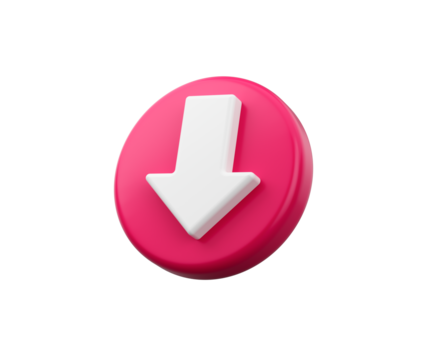 3D White downward arrow on Pink icon, symbolizing download or downward direction, 3d illustration