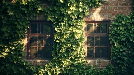 Rustic house facade covered in vibrant green ivy soft sunlight filtering through the leaves creating dappled patterns on the walls. 