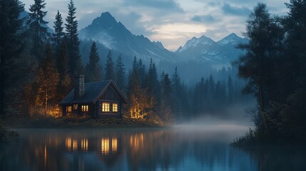 Fototapeta premium Rustic wooden house nestled in a dense forest calm lake reflecting its silhouette foggy mountains fading into dusk soft moody tones. 