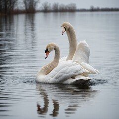 Fototapeta premium A majestic white swan gliding gracefully on a reflective water surface, isolated on a white background.