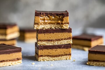 A photo of a stack of layered desserts with crumbly bases, thick caramel-like middles