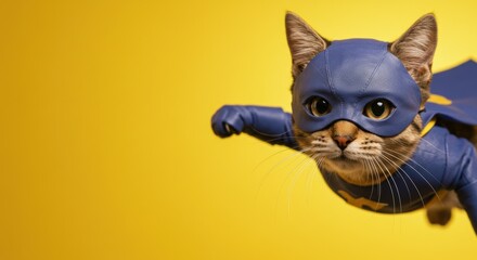 Fototapeta premium Heroic cat in blue superhero costume against vibrant yellow background