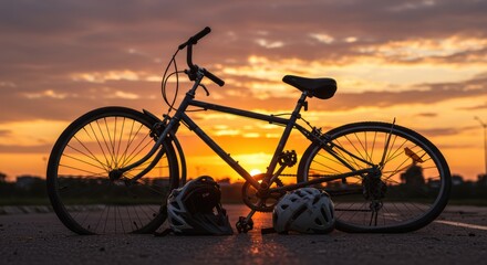 Serene sunset bicycle ride with helmets on open road