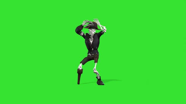 Horror skeleton in black hat dancing green screen or chroma key video clip motion