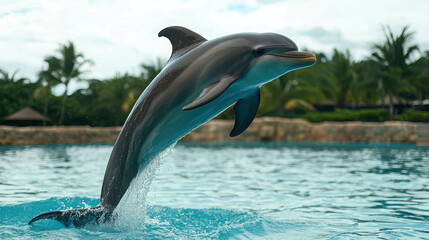 Playful Dolphin Leaps from Water in Tropical Environment Under Clear Blue Sky