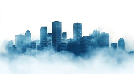 Fototapeta premium Silhouetted city skyline in thick fog glowing windows peeking through horizontal seamless composition soft gradients neutral white background. 