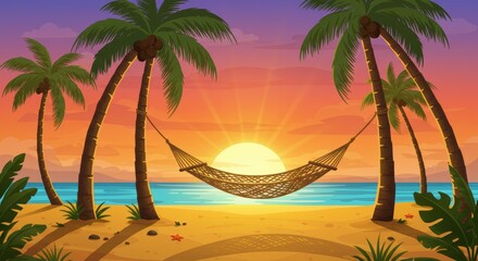 Fototapeta premium Tropical beach sunset with hammock between palm trees