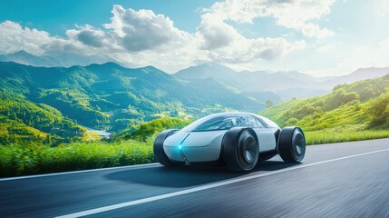 Obraz premium A futuristic car is driving down a road with mountains in the background