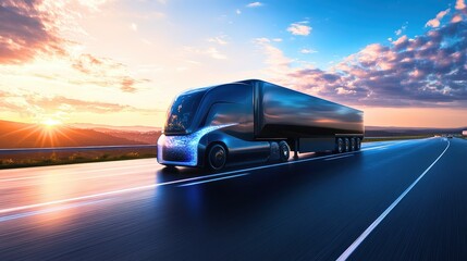 Obraz premium A futuristic blue truck is driving down a road with a sunset in the background