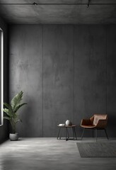 Modern Minimalist Living Room Interior with Concrete Wall and Leather Chair