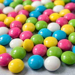 Colorful Gumballs in a Bowl, a bowl of colorful gumballs in various shades, perfect for playful, joyful, and vibrant imagery related to sweets or candy