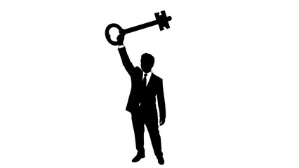 Obraz premium Silhouette of Confident Entrepreneur Holding Key to Success, Reflecting Ambition and Growth Strategy