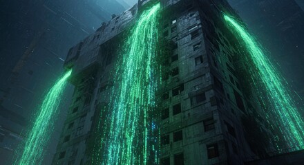 Futuristic Cyberpunk Cityscape Data Rain Falling on Derelict Building