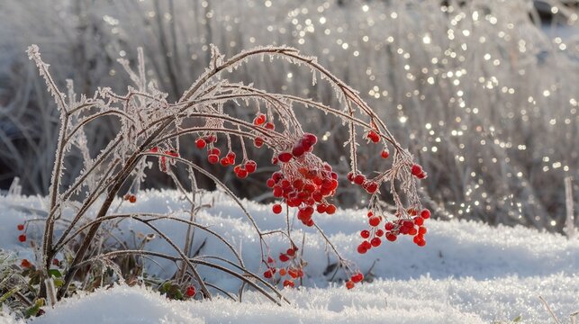 A serene winter scene features red berries coated in frost, with a background of sparkly snow. The image captures the beauty of nature.