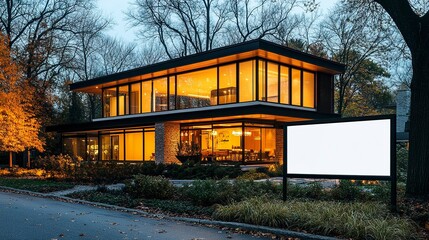 Sleek two-story modern house with geometric lines large windows blank white sign in the foreground soft evening glow wide-angle view.  