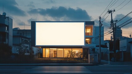 Obraz premium Sleek two-story modern house with geometric lines large windows blank white sign in the foreground soft evening glow wide-angle view. 