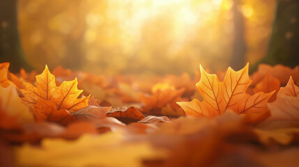 Beautiful Autumn Leaves on Ground with Warm Light and Soft Focus in Nature Background