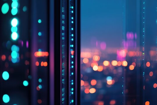 Server room at night, glowing lights reflecting city bokeh, modern technology.