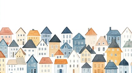 Small houses forming a harmonious cityscape faint outlines and rooftops seamless vector design isolated on a neutral white background. 