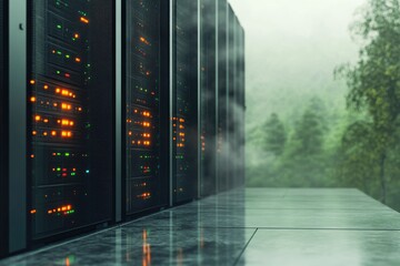 A row of server racks glows dimly in a foggy, green forest setting, suggesting eco-friendly data centers.
