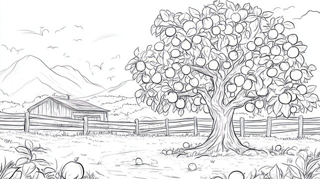 Apple orchard sketch, tranquil farm scene, illustration