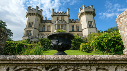 Historic Castle Surrounded by Lush Greenery and Blue Sky on a Bright Sunny Day