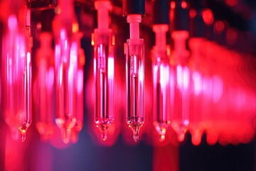 Fototapeta premium Automated liquid vial filling in a laboratory with red lights, for research