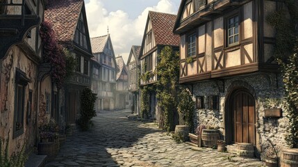 Enchanting medieval townscape with cobblestone streets and timbered buildings
