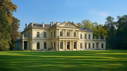 Spacious beige house with classic architecture surrounded by a vibrant green lawn under a clear blue sky bright and inviting.  