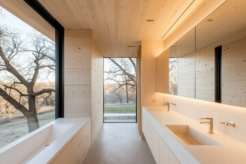 Fototapeta premium Modern bathroom in home, relaxing bath time, trees background for real estate