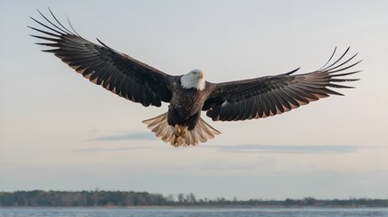 Obraz premium A majestic bald eagle soars with outstretched wings. It's a stunning image of American wildlife, perfect for patriotic or nature-themed content.