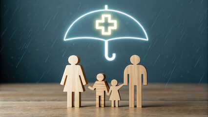 A healthcare insurance concept with wooden figures arranged as a family, shielded under an umbrella with a glowing cross icon, symbolizing medical benefits and security.