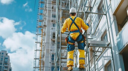 Engineer in Safety Uniform Climbing Scaffold for Construction Work