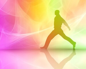 A colored silhouette of a person walking across a vibrant background