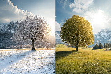 A tree bisected by winter and summer showcasing nature's contrasting seasons in one image