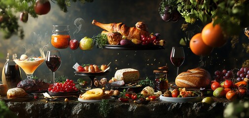 Abundant autumn harvest feast. Roasted poultry, fruit, cheese, bread, wine, and more.  Rich colors and textures create a mouthwatering scene.