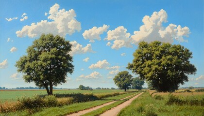 Obraz premium Road view of trees & green field under blue sky for nature background use