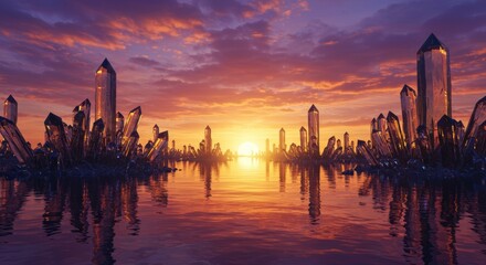 Fototapeta premium Crystal Cityscape at Sunset Stunning Fantasy Landscape with Reflective Water and Giant Crystals