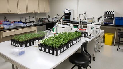In a Secure High Level Laboratory Scientists in a Coverall Conducting a Research. Chemist Adjusts Samples in a  Petri Dish with Pincers.